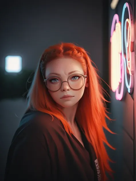 a woman with red hair and glasses standing in front of a neon sign