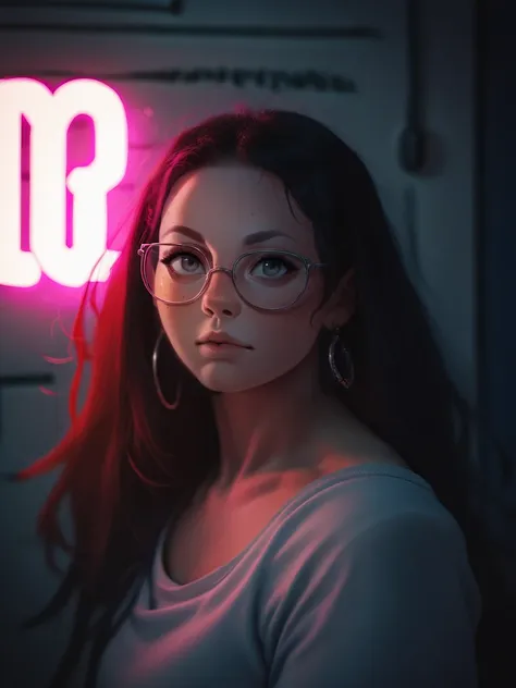 a woman with glasses and a pink neon sign in the background