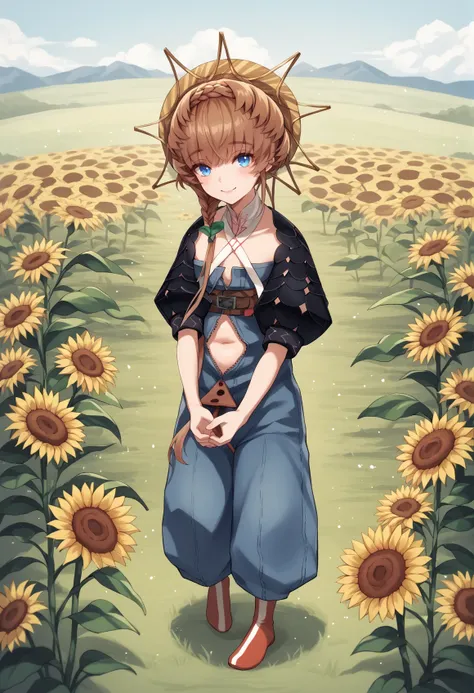 1girl, solo, blue eyes, brown hair, side braid, braid, crown braid, straw hat, striped headwear, belt, blue overalls, navel, puffy sleeves, black sleeves, short sleeves, cropped jacket, detached collar, Vertical-Striped Legwear, flower, holding giant sunfl...