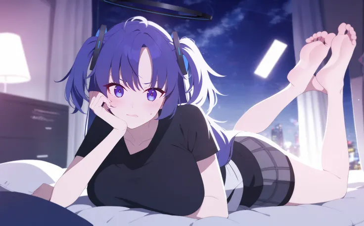 1girl, 
yuuka (blue archive),  
arm rest, bed sheet, black shirt, blush, collarbone, crossed arms, cushion, feet up, grey skirt, halo, indoors, long hair, looking at viewer, night sky, on stomach, pencil skirt, plaid skirt, purple eyes, purple hair, red pu...