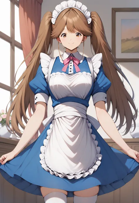 1girl, solo, (indoors:1.2), cowboy shot, smile, 
kawai_iyona, brown eyes, brown hair, long hair, twintails, maid headdress, maid apron, maid, blue dress, white thighhighs, <lora:kawai_iyona_pony_ver1:0.8>, score_9, score_8_up, score_7_up, BREAK source_anim...