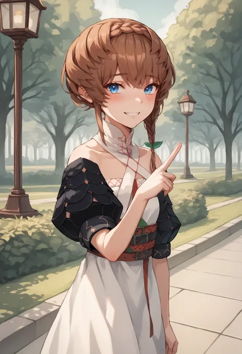 1girl, solo, blue eyes, brown hair, side braid, braid, crown braid, sweaper, pencil slirt, puffy sleeves, black sleeves, short sleeves, cropped jacket, pointing, outdoors, bare shoulders, walking, park, smile, outoors, blushing, cowboy shot, looking at vie...