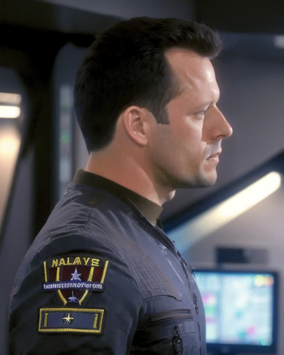 <lora:majorhayes_lora:0.8>, majorhayes, male, light beige skin, black hair, green eyes, wearing maco uniform, maco patches on left shoulder, camouflage, military, talking to someone, profile view, facing left, medium shot, grey sci-fi interior background, ...