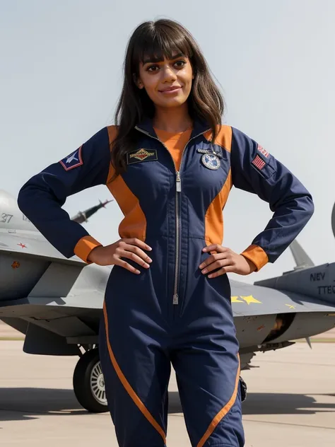 madeleineMaddenTi wearing a long-sleeved flightsuit standing in front of a fighter jet