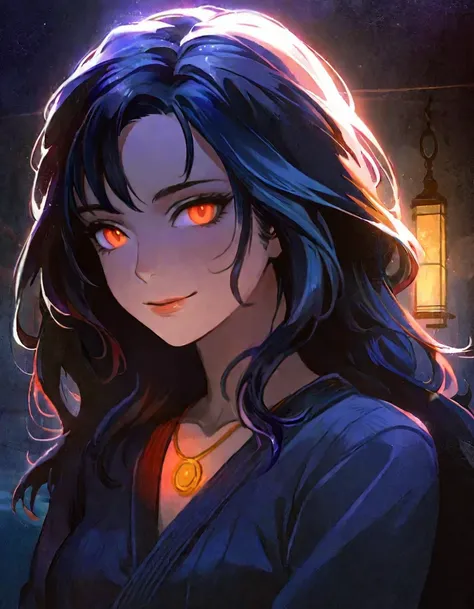 anime artwork illustrating beautiful detailed portrait, dark-skinned sexy demon girl, long wavy black hair, beautiful detailed face, orange glowing eyes, devious grin, best quality, extemely detailed, cinematic, ((dark lighting, dark ambiance, middle of th...