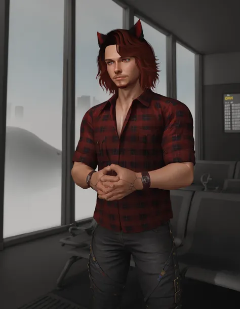 score_9, score_8_up, score_7_up, score_6_up, score_5_up, score_4_up, Matoyaiivi Naagora Solas, solo, brown hair, shirt, 1boy, animal ears, male focus, red eyes, red hair, pants, cat ears, plaid, window, facial hair, own hands together, denim, red shirt, wa...