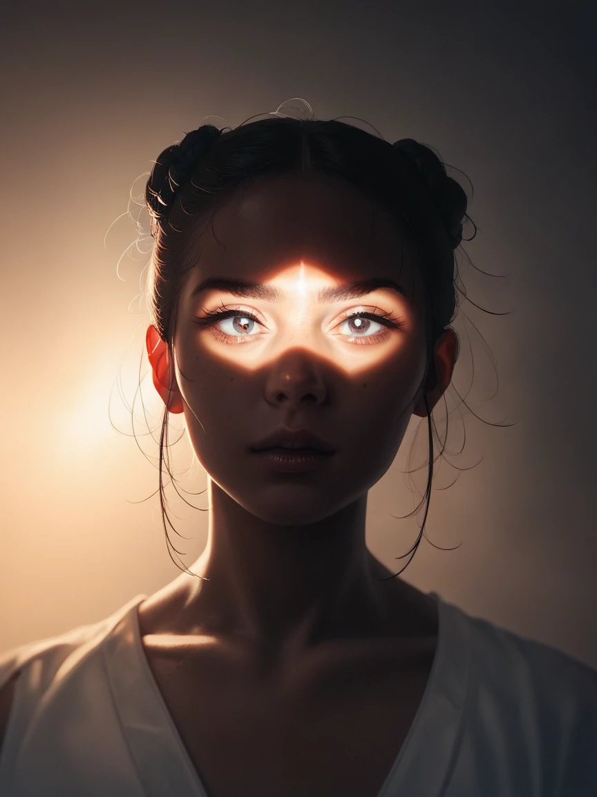 a woman with a glowing eye and a white shirt