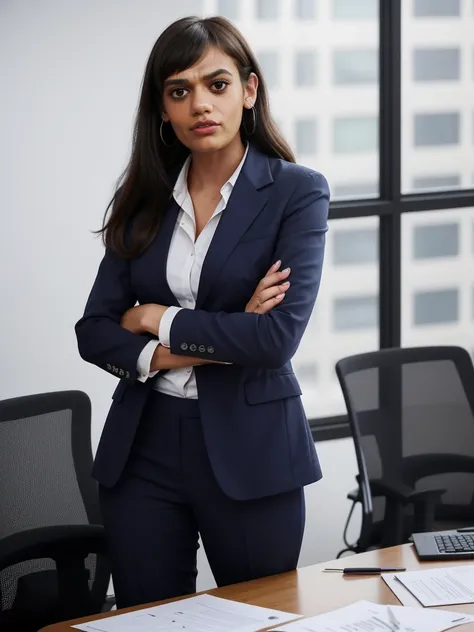 madeleineMaddenTi wearing a conservative 3-piece suit in a company boardroom presenting