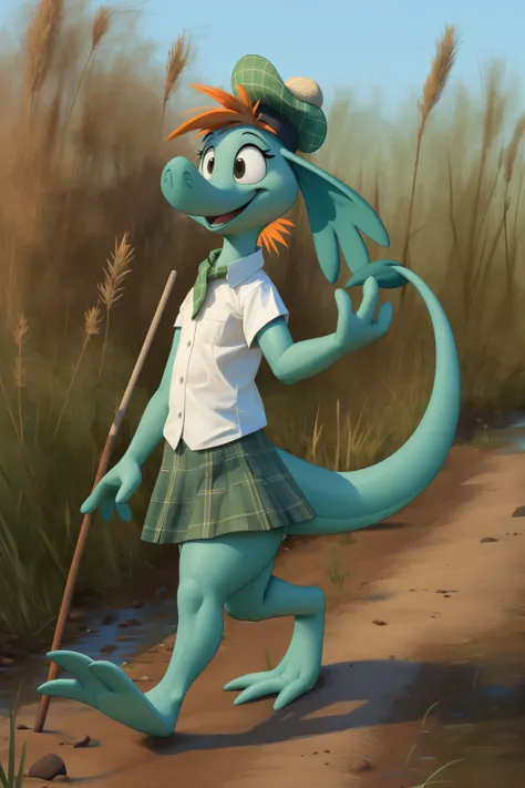 <lora:nessie_sd:0.75>
nessie, 1girl, female, anthro, orange hair, tail tuft, thick thighs, green scarf and beret, plaid skirt, white shirt, walking, cane, dirt road, side view, outdoors, dirt road, tall grass, river, 3 toes, 4 fingers, open mouth, smile, h...