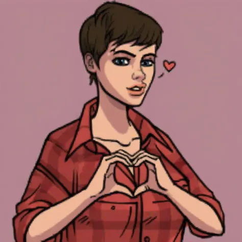 jack, 1girl, solo, brown hair, blue eyes, short hair, shirt, breasts, plaid, lips, upper body, best quality, a heart with hands