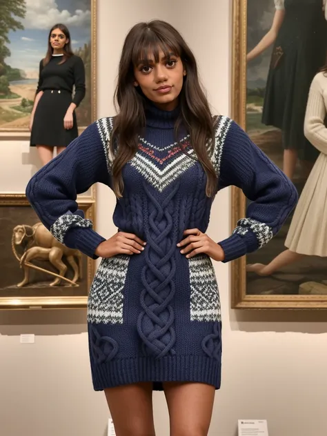 madeleineMaddenTi wearing a full cableknit sweater dress in a beautiful museum