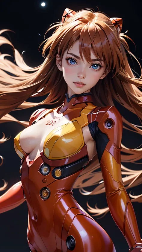 (best quality, masterpiece, colorful, highest detailed) upper body photo, fashion photography of cute (Asuka Langley), in high detailed textured Evangelion red plugsuit, (ultra-detailed body), (light smile:0.3), moonlight passing through hair, (colorful ba...