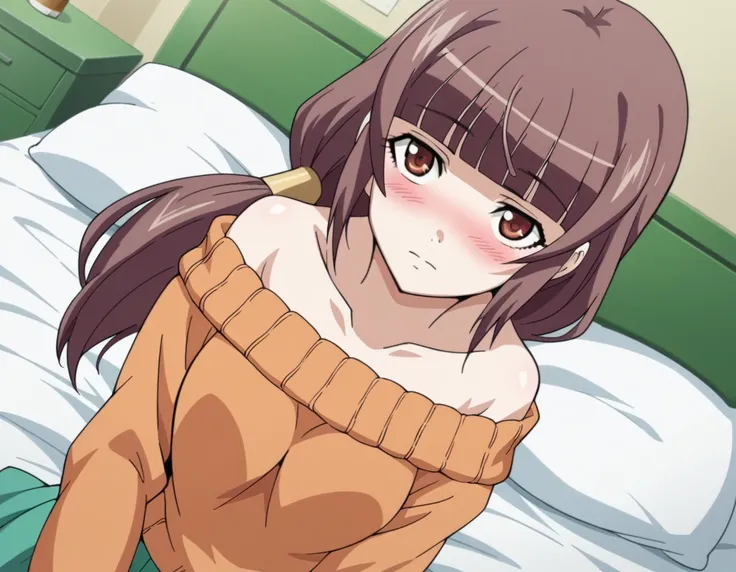 score_9, score_8_up, score_7_up, source_anime,
emiruikuno, <lora:emiru-ikuno-ponyxl-lora-nochekaiser:1>,
emiru ikuno, long hair, brown hair, ponytail, brown eyes, bangs, blunt bangs, low-tied long hair,
skirt, bare shoulders, off shoulder, sweater, orange ...