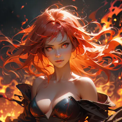 1girl,solo,fire,floating hair,realistic,bare shoulders,nose,fiery red hair,fiery red eyes,<lora:huoyanjingling_XL-000007:0.6>,medium breasts,cleavage,upper body,blcak jacket,