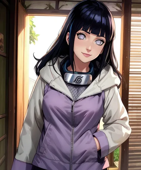 Hinata,black hair,blunt bangs,no pupils,grey eyes,long hair,
long sleeves,konohagakure symbol,jacket,forehead protector around neck,hood down,
pants,
light smile,
solo,
village,
(insanely detailed, masterpiece, best quality,),<lora:HinataShip:0.9>,