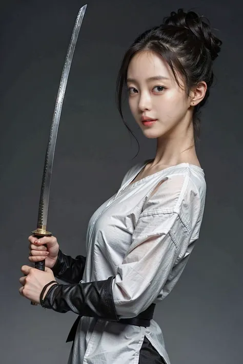 arafed asian woman holding a sword in a white shirt