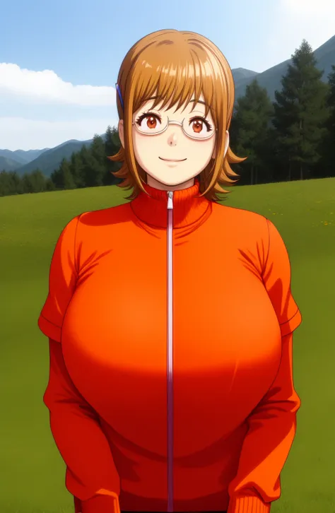 Momota Kaedeko (Junjou Decamelon), masterpiece, best quality, 1girl, smile, brown eyes, orange hair, glasses, hair clip, tracksuit, huge breasts, closed mouth, looking at viewer, short hair, background: Pristine alpine meadow , solo, upper body,,<lora:Momo...