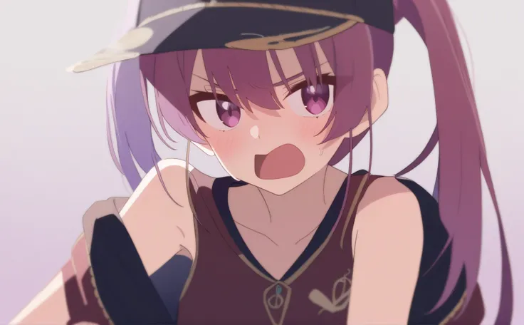 1girl, 
solo, 1girl, houshou marine (summer), hololive, annoyed, crossed legs, arms at side, sky, airfield
masterpiece, long hair, open mouth, hair between eyes, purple eyes, looking at viewer, hat, purple hair, white background, upper body, sugimori kenic...