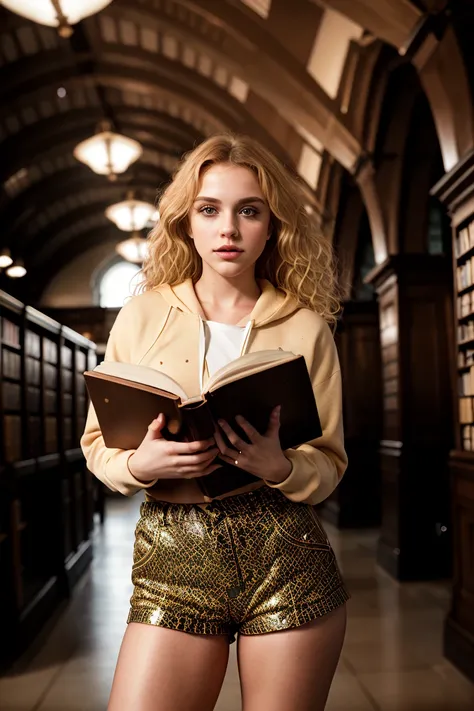 RAW photo,  tv_Marlena_MXAI, ,  , intense expression, wearing shorts and a hoodie, reading a book in a huge old library, full body shot,, 8k resolution, highres, high detail, sharp focus, detailed skin,  8k uhd,