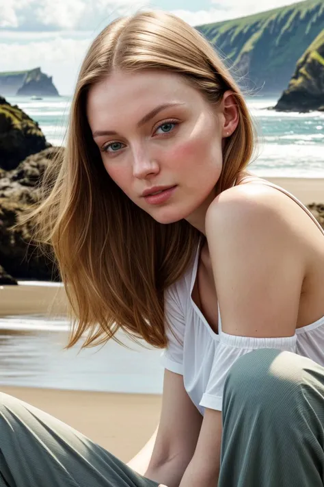 European woman, closeup, sandals, (shirt), pants, (oregon coast), ZM_leni, wide shoulders, perfect face, (contact iris: 1.1), pale skin, skin pores , depth of field