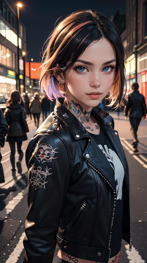 (masterpiece, best quality, highres:1.2), (photorealistic:1.2), raw portrait photo of punk girl, very short multicolored hair, i...