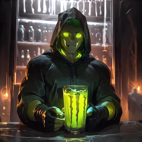 score_9, score_8_up, score_7_up,  <lora:MonsterNitroPony:0.6>,NitroEnergy,solo,holding,cup,1man,wearing dark hood,huge glowing green glass cup in the midle of the table,holding cup with both hands,long dark demon fingers,wearing black gloves,monster nitro ...