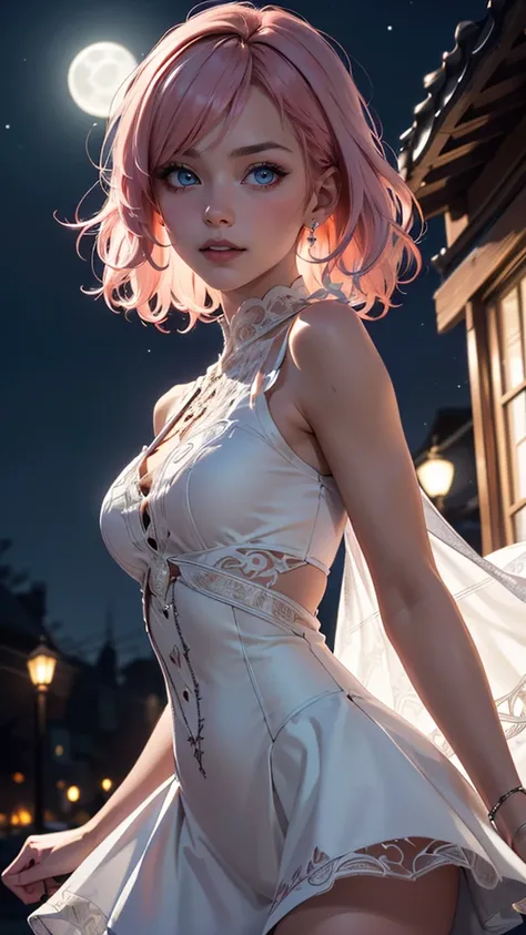 (best quality, masterpiece, colorful, highest detailed) upper body photo, fashion photography of cute (Creamy Mamy), idol, curly pink hair, perfect eyes shape, in high detailed white gothic-suit, (ultra-detailed gothic-dress), sleeveless top, short wide sk...