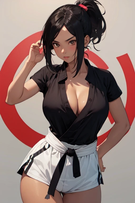 HeihachixChristie, 1girl, solo, large breasts, black shirt, black hair, cleavage, ponytail, brown eyes, white shorts, dark skin, dark-skinned female, short shorts, karate gi