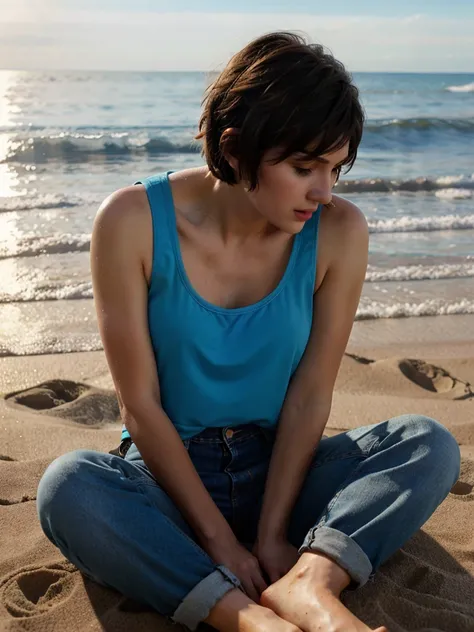 A beautiful 4g0st1n4b woman,  1girl,solo,looking at viewer,short hair,brown hair,shirt,black hair,sitting,pants,water,ocean,beach,sandals,tank top,denim,jeans,realistic,sand,on ground,soft lighting, professional Photography, Photorealistic, detailed, RAW, ...