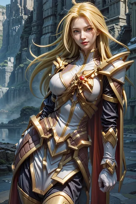 <lora:Yorn_AoV:0.8>, vn, Yorn Normal, solo, (1girl:1.4), long hair, blonde hair, shiny, shiny hair, yellow eyes, glowing, glowing eyes, looking at viewer, closed mouth, smile, cape, breasts, (large breasts:1.4), armor, breastplate, shoulder armor, long sle...