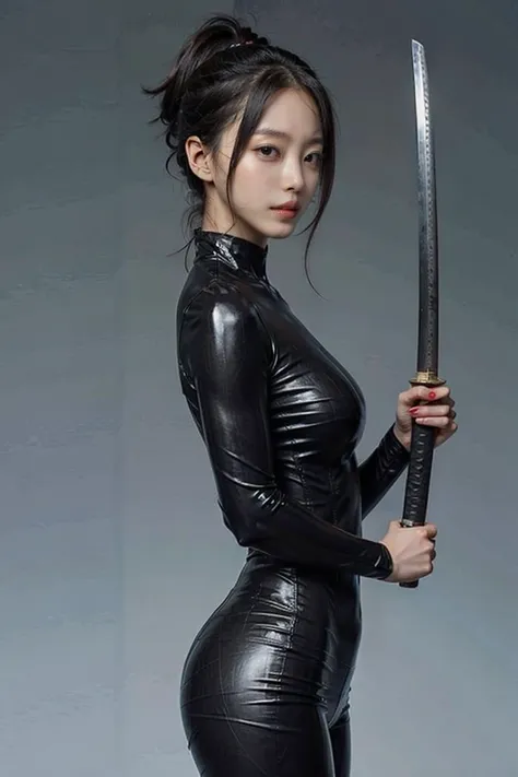 arafed asian woman in a latex outfit holding a sword