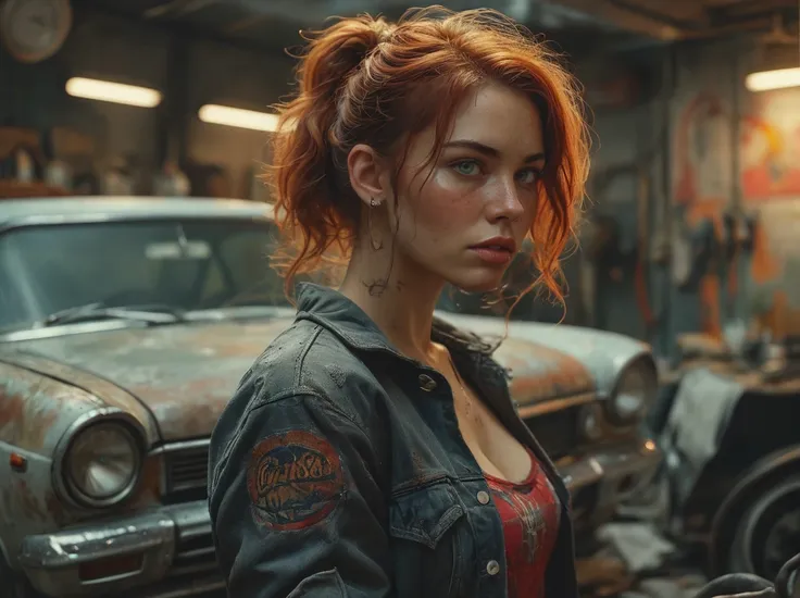 concept art Grunge style A beautiful redheaded sexy woman,big breast,tattooed,in her early 30s is working on a car engine in a dimly lit garage. She wears a grease-stained t-shirt over a red flannel shirt,and her curly hair is pulled back into a ponytail. ...