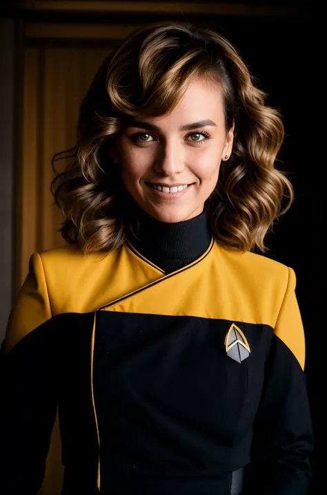 (1980s hairstyles),daily life close-up portrait of a beautiful female wearing pcdst black and yellow uniform,badge,long black sleeves,black chest,yellow shoulders, skinny, (freckles:0.5), dark eyes, chiseled face,smile, blushing, dimples, waist shot, pov f...