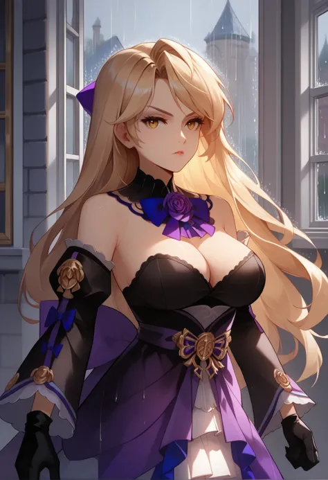 score_9, score_8_up, score_7_up, source_anime, 1girl, solo,  <lora:aishakr-ponyxl-beta3-08:1.0>, aishakr, looking at viewer, reflection, window, looking to the side, hair down, detached sleeves, purple dress, gradient dress, long sleeves, wide sleeves, bla...