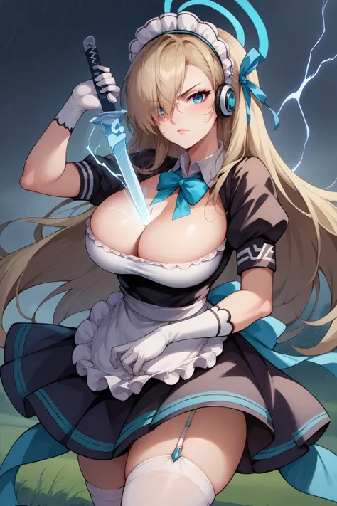 score_9, score_8_up, score_7_up, source_anime, looking at viewer, serious, asnba, halo, large breasts, very long hair, hair over one eye, hair ribbon, maid headdress, headphones, black dress, bow, blue ribbon, puffy short sleeves, cleavage, apron, garter s...