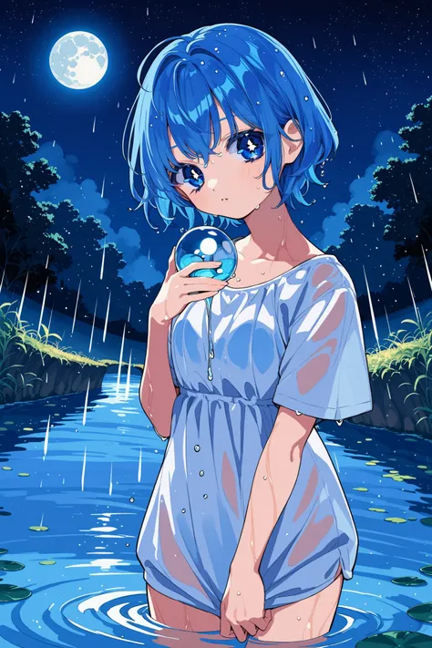 1girl, wasure, blue hair, blue eyes, holding water, river, wet, raining, night sky, moon, stars,  looking at viewer, cowboy shot, dutch angle, <lora:wasure_3:1>