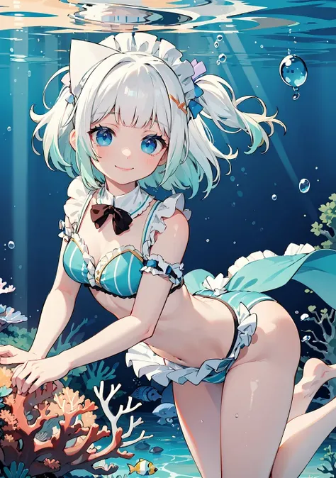 best quality,
mint fantome, white hair, gradient hair, 
underwater, (swimsuit:1.1), coral, fish, frills, maid headdress, smile
<lora:char_mintfantome-sd15:1>