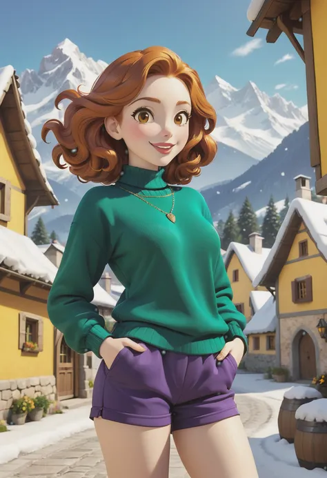 (Cinematic Still:1.1), (3D Cartoon Style), Charming Tax Collector Confronting Villagers in Snowy Medieval Village, Rich Ginger Hair Glistening in Winter Sunlight, Against the Backdrop of Majestic Snow-Capped Mountains and Quaint Alpine Cottages. Amidst thi...