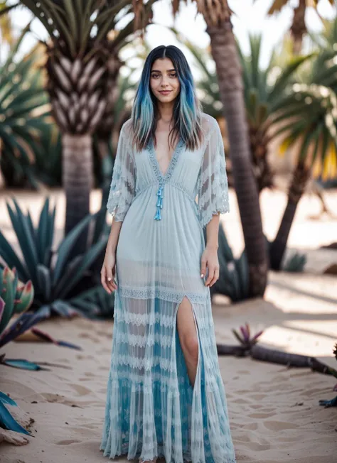 desert oasis with holographic palm trees, photo of slim woman, wearing blue sheer boho maxi dress, <lora:CrunchyBanana_Sheer_Boho_Maxi_Dress:1>, subtle smile, subsurface scattering