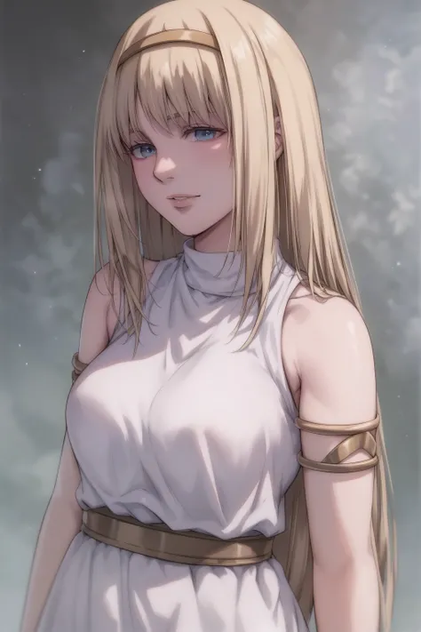 score_9, score_8_up, score_7_up, BREAK source_anime, <lora:Ymir Fritz-PonyXL-lora-faxtron:0.8> ymir fritz, blue eyes, blonde hair, long hair, medium breasts, armlet, bare shoulders, hairband, long white tunic,