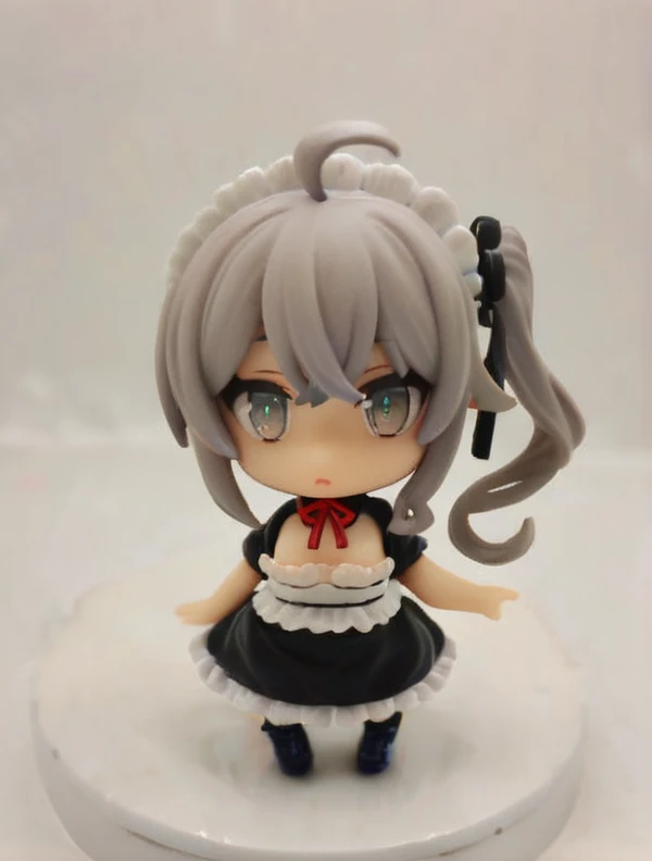 <lora:Sonshitsuv2:0.5> sonshitsu,1 girl, grey hair, grey eyes, ahoge, side ponytail, maid ,  chest ribbon, chibi, hand up,