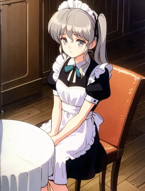 <lora:Sonshitsuv2:0.5> sonshitsu,1 girl, grey hair, grey eyes, ahoge, side ponytail, maid ,  chest ribbon ,  chair, sitting, coffee, cafe,  1980s (style) - 80s , retro artstyle,