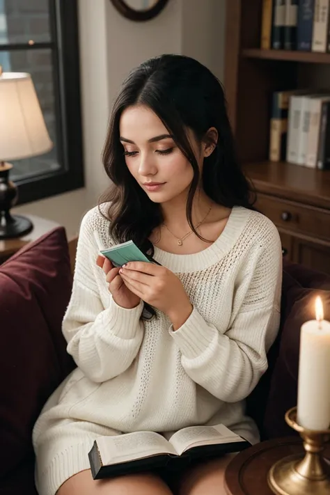 influencer-full-shot-by-stable-yogi 8. "Lifestyle influencer in a cozy, candlelit reading nook. Wearing comfy knits, she shares her evening routine, surrounded by books and warmth."