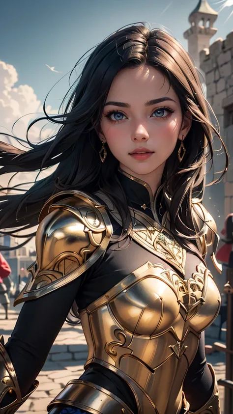 (best quality, masterpiece, colorful, highest detailed) upper body photo, fashion photography of cute (cute portrait of a Romanian-girl), perfect bobbed black hair, in high detailed medieval gold armor, metal gold reflections, high detailed chainmail, uppe...