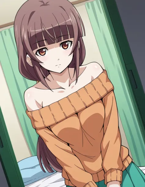 score_9, score_8_up, score_7_up, source_anime,
emiruikuno, <lora:emiru-ikuno-ponyxl-lora-nochekaiser:1>,
emiru ikuno, long hair, brown hair, ponytail, brown eyes, bangs, blunt bangs, low-tied long hair,
skirt, bare shoulders, off shoulder, sweater, orange ...