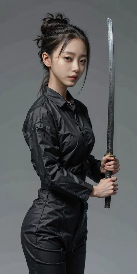 arafed woman in black leather outfit holding a sword