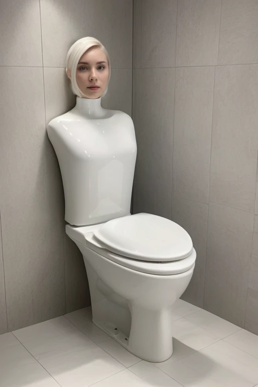 real, (realistic), super detailed, (4k), 8k, beautiful porcelain bust of 20 year old female Latina is toilet tank, no arms, with white shiny porcelain skin, toilet is half human, is only a porcelain bust, living toilet, human toilet, in house bathroom, sea...