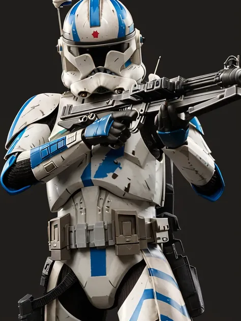 (upper body1.5) shot Star Wars Clone Trooper <lora:CloneTrooper-Prequels:0.8> with blue paint markings holding and aiming a gun, 1boy, weapon, male focus, gun, solo, realistic, rifle, armor, insanely detailed, lifelike, looking at camera, atmospheric, intr...