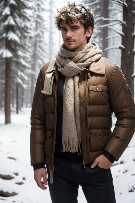 (masterpiece, best quality:1.2), photo of person, man, smirk, standing, thick legs, (depth of field:1.1), , photo of person, ((winter jacket, scarf, sweater, pants,)), hands on hips, cowboy shot, standing, winter, mountain, pinetrees, snowflakes, masterpie...