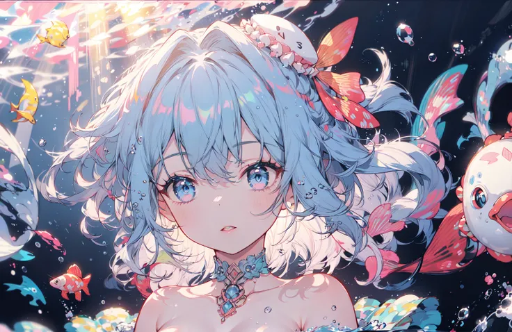 1girl,solo,parted lips,underwater,air bubble,bubble,fish,water,caustics,sunlight,blurry,submerged,eyelashes,partially underwater shot,solo,choker,light_particles,colored_skin,colorful light,black choker,(upper_body:1.2),(white_dress),(dress),breasts,blue h...